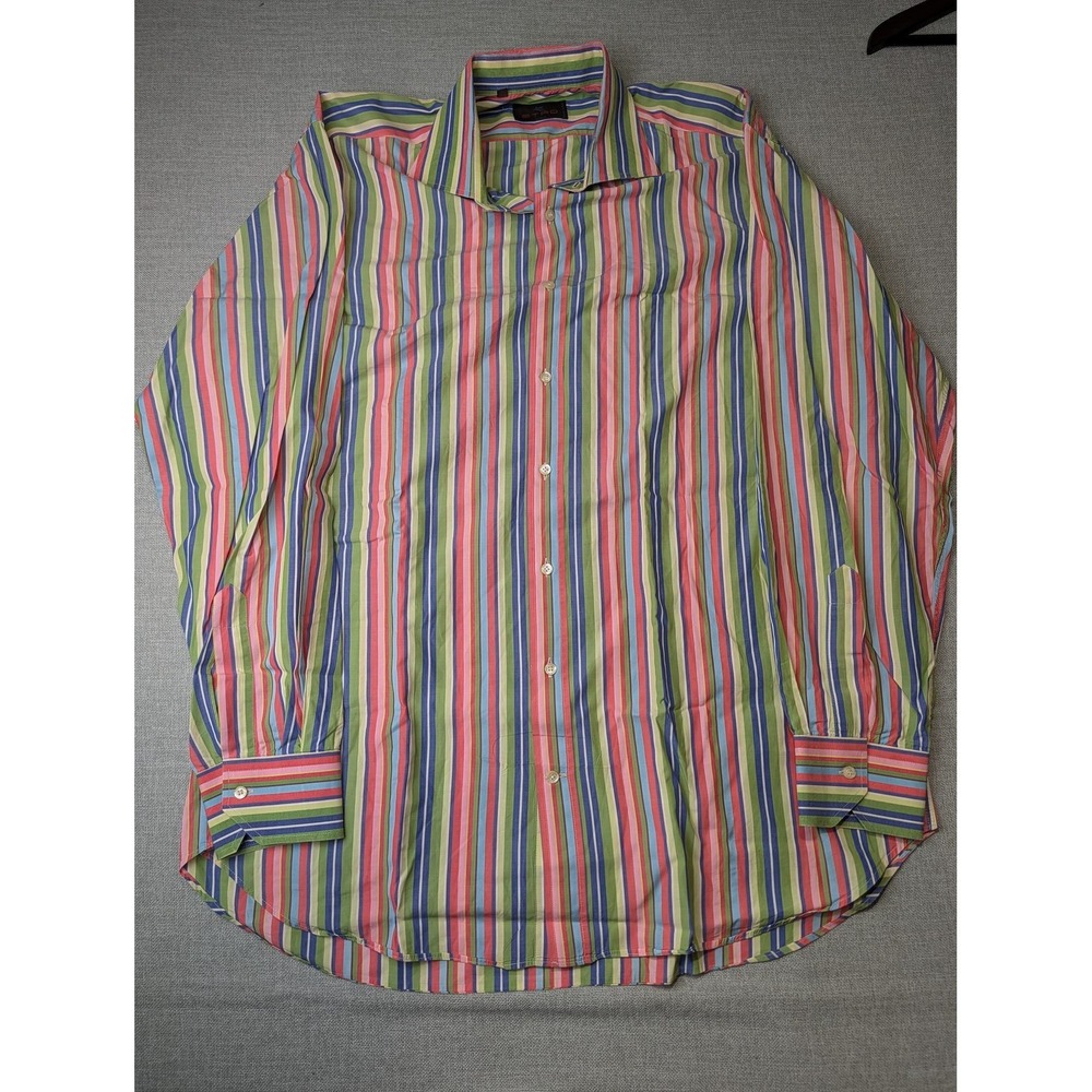 Etro Milano Button Up Shirt Mens 44 Multi Stripe Cotton Italy Long Sleeve